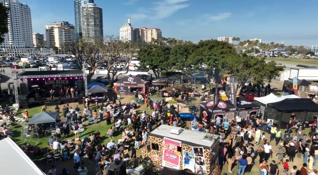 Long Beach BBQ Festival main stage with city skyline