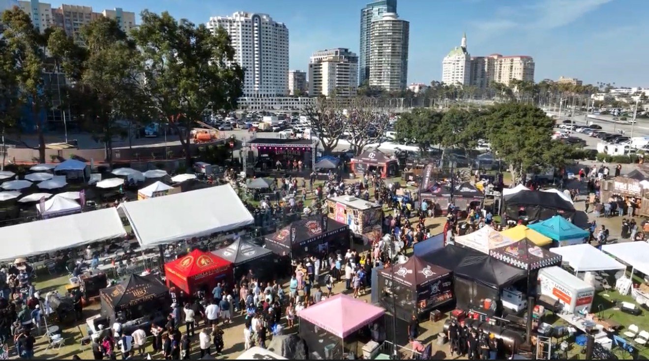 Long Beach BBQ Festival aerial view with skyline